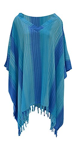 Gestreiftes Damen-Kaftan-Top, T-Shirt, Poncho, handgefertigt, lebendig, groß Gr. Einheitsgröße, blau von Cool Kaftans