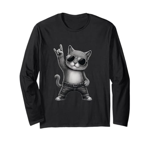 Retro Katze Rock Musik Männer Kinder Frauen Lustige Katze Langarmshirt von Cool Kat