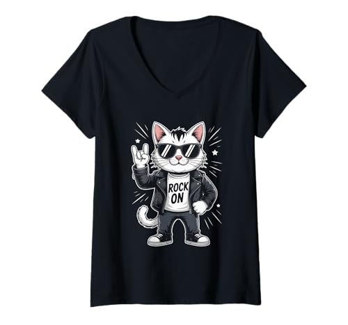 Damen Rock On Katze Coole Musikliebhaber T-Shirt mit V-Ausschnitt Damen Rock On Katze Coole Musikliebhaber T-Shirt mit V-Ausschnitt von Cool Katze Rock Musik Fans Junge Erwachsene