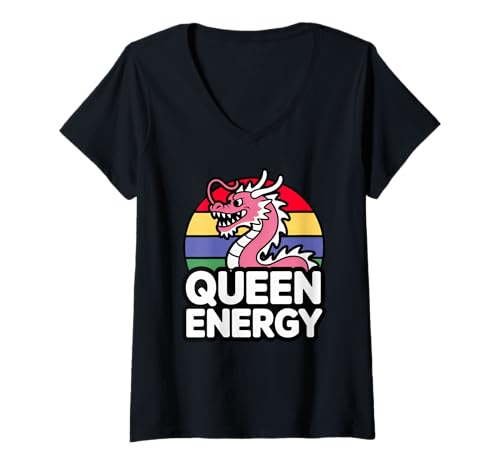 Damen Queen Energy Pink Dragon Pride Kawaii Japanisch Retro T-Shirt mit V-Ausschnitt Damen Queen Energy Pink Dragon Pride Kawaii Japanisch Retro T-Shirt mit V-Ausschnitt von Cool Kawaii Dragon Bold Pride Vibes