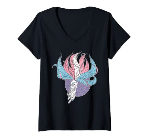 Damen Transgender Kitsune Trans Pride Flag Schwuler Anime Furry Fox T-Shirt mit V-Ausschnitt von Cool LGBTQIA Gifts