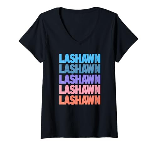 Damen Funny Modern Repeated Text Design Lashawn T-Shirt mit V-Ausschnitt Damen Funny Modern Repeated Text Design Lashawn T-Shirt mit V-Ausschnitt von Cool Lashawn Gift Ideas