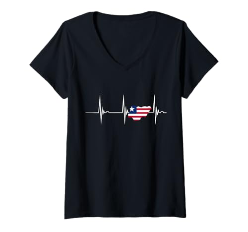 Damen Herzschlag-EKG-Pulskarte, Flagge Liberias, liberianische Wurzeln T-Shirt mit V-Ausschnitt von Cool Liberian Roots Liberia