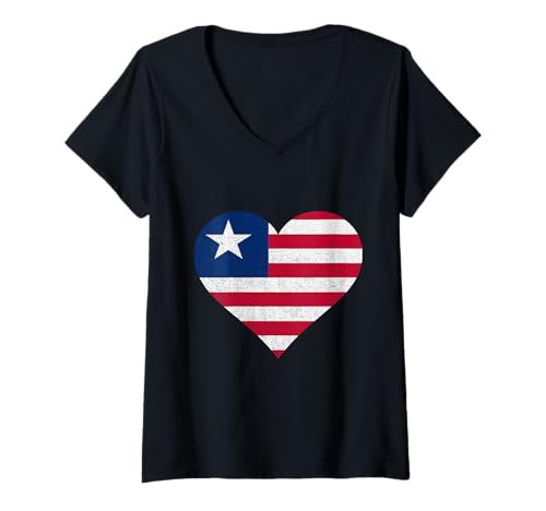 Damen Liberia Liberian Pride Liberianische Flagge, Herz, liberianische Wurzeln T-Shirt mit V-Ausschnitt von Cool Liberian Roots Liberia