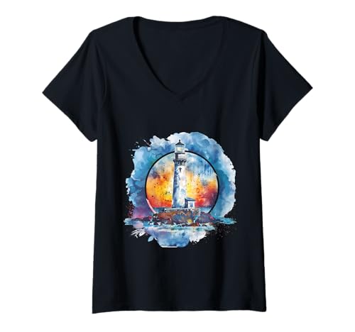 Damen Leuchtturm Meer Haus Segeln Bootfahren Meer Leuchtturm T-Shirt mit V-Ausschnitt von Cool Lighthouse Tower Lover