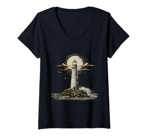 Damen Leuchtturm Seaside House Segeln Meer Strand Bootfahren T-Shirt mit V-Ausschnitt von Cool Lighthouse Tower Lover