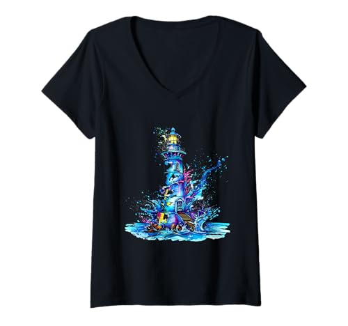 Damen Leuchtturm Segeln Meer Strand Bootfahren Seaside House T-Shirt mit V-Ausschnitt von Cool Lighthouse Tower Lover
