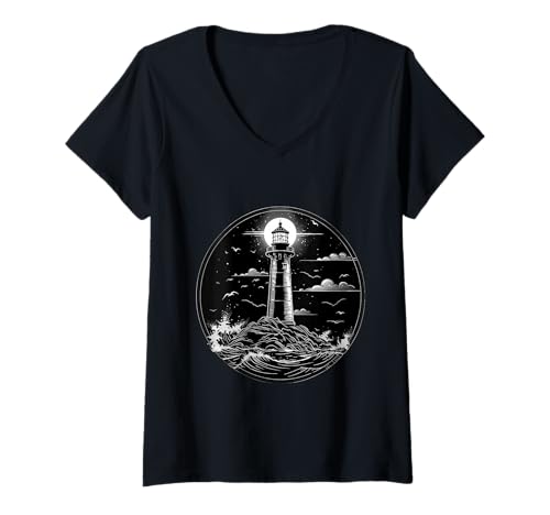 Damen Leuchtturm Segeln Meer Strand Bootfahren Seaside House T-Shirt mit V-Ausschnitt von Cool Lighthouse Tower Lover