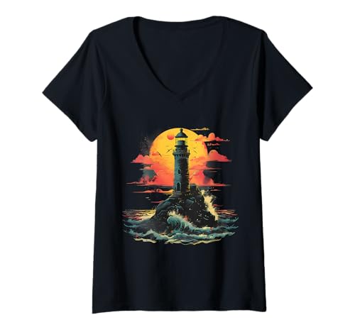 Damen Leuchtturm Segeln Meer Strand Bootfahren Seaside House T-Shirt mit V-Ausschnitt von Cool Lighthouse Tower Lover
