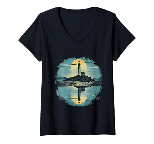 Damen Leuchtturm am Meer Segeln Meer Strand Leuchtturm T-Shirt mit V-Ausschnitt von Cool Lighthouse Tower Lover