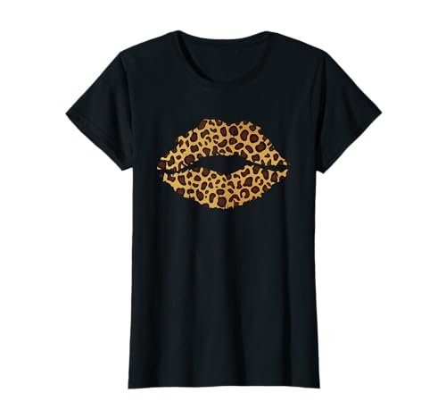 Cool Lips Kiss Me Leopard Print Damen T-Shirt Schwarz S Leopardenmuster Kiss Me Grafik Kurzarm Klassische Passform Imported von Cool Lips Kiss Me Leopard Print
