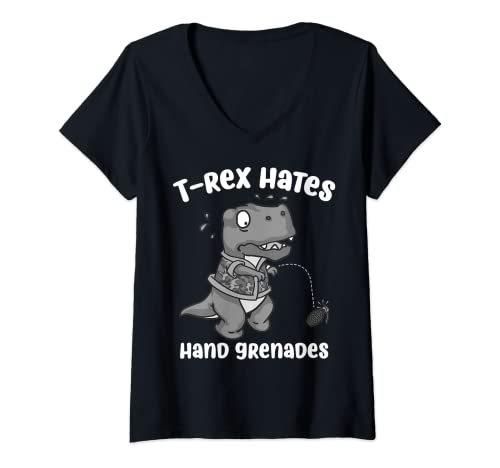 Damen Lustige T-Rex Hates Handgranaten Geschenk | niedliche Dinosaurier-Liebhaber T-Shirt mit V-Ausschnitt von Cool Love Military Jokes Men Women Teens Dino Art