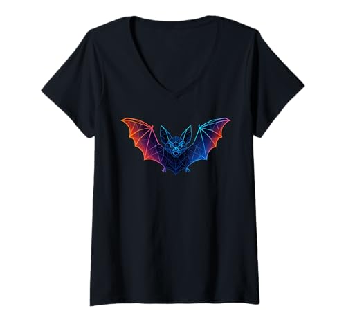 Damen Geometrische abstrakte Fledermaus Low Poly Halloween T-Shirt mit V-Ausschnitt von Cool Low Poly Geometric Creepy Vampire Bat Design