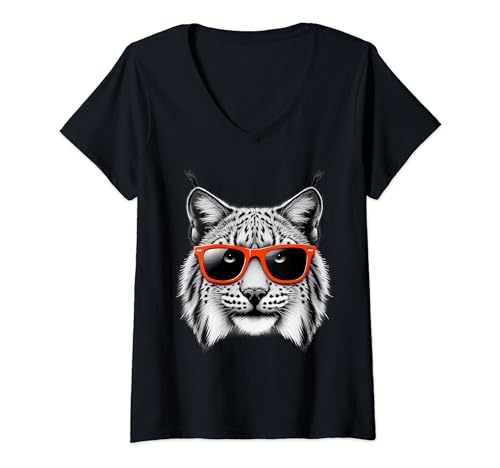 Damen Cool Lynx trägt Sonnenbrille Grafikkunst T-Shirt mit V-Ausschnitt Damen Cool Lynx trägt Sonnenbrille Grafikkunst T-Shirt mit V-Ausschnitt von Cool Lynx Love Graphic Art Store