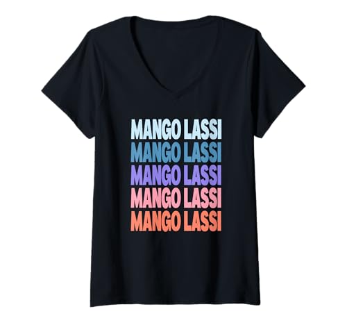 Damen Funny Modern Repeated Text Design Mango Lassi T-Shirt mit V-Ausschnitt von Cool Mango Lassi Indian Dahi Buttermilk Gift Ideas