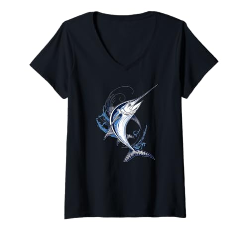 Damen Tolles Schwertfisch-Outfit zum Angeln von Jungen und Mädchen T-Shirt mit V-Ausschnitt von Cool Marlin Fish