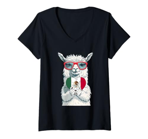 Damen Mexiko Alpaka Portrait Sonnenbrille Mexikanische Flagge Mexikanisches Lama T-Shirt mit V-Ausschnitt von Cool Mexican Roots Mexico