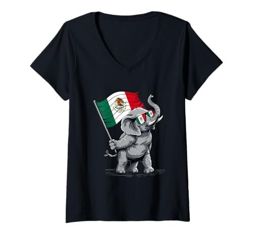 Damen Mexiko Elefant Sonnenbrille Mexikanische Flagge Mexican Pride T-Shirt mit V-Ausschnitt Damen Mexiko Elefant Sonnenbrille Mexikanische Flagge Mexican Pride T-Shirt mit V-Ausschnitt von Cool Mexican Roots Mexico