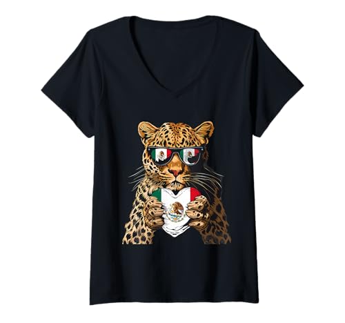 Damen Mexiko Flagge Herz Leopard Sonnenbrille Mexikanische Wurzeln T-Shirt mit V-Ausschnitt von Cool Mexican Roots Mexico