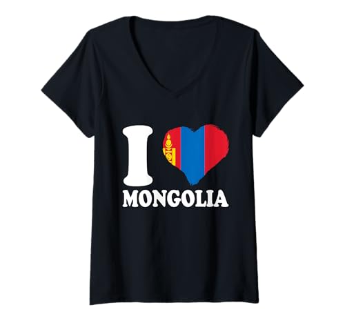 Damen I Love Mongolia Mongolian Roots Mongolische Flagge Mongolei T-Shirt mit V-Ausschnitt von Cool Mongolian Roots Mongolia