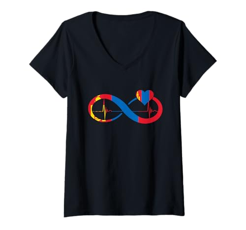 Damen Mongolei Flagge Infinity Mongolian Pride Heartbeat EKG Pulse T-Shirt mit V-Ausschnitt von Cool Mongolian Roots Mongolia