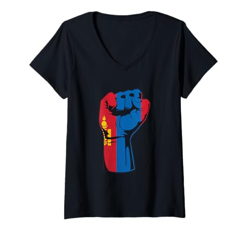 Damen Mongolei Flagge Mongolische Wurzeln Handfist Mongolian Pride T-Shirt mit V-Ausschnitt von Cool Mongolian Roots Mongolia