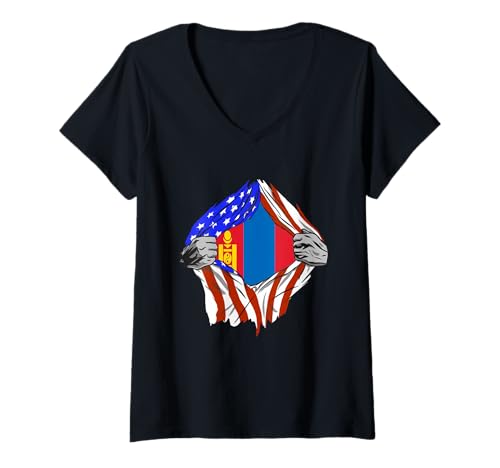Damen Mongolei Mongolische Truhe USA Mongolische Flagge Mongolischer Stolz T-Shirt mit V-Ausschnitt von Cool Mongolian Roots Mongolia