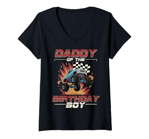 Damen Papa der Geburtstagsparty Monster Truck Dad T-Shirt mit V-Ausschnitt Damen Papa der Geburtstagsparty Monster Truck Dad T-Shirt mit V-Ausschnitt von Cool Monster Truck Birthday Boy Family Outfits