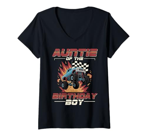 Damen Tante der Geburtstagsfeier Monster Truck Auntie T-Shirt mit V-Ausschnitt Damen Tante der Geburtstagsfeier Monster Truck Auntie T-Shirt mit V-Ausschnitt von Cool Monster Truck Birthday Boy Family Outfits