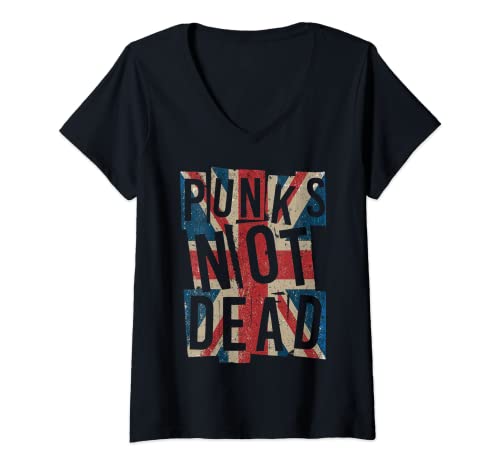 Damen Punks Not Dead - Vintage - UK London Flag - Punk Is Not Dead T-Shirt mit V-Ausschnitt Damen Punks Not Dead - Vintage - UK London Flag - Punk Is Not Dead T-Shirt mit V-Ausschnitt von FOKS. /// Punk Rock Music - Punkrock Hard Rock