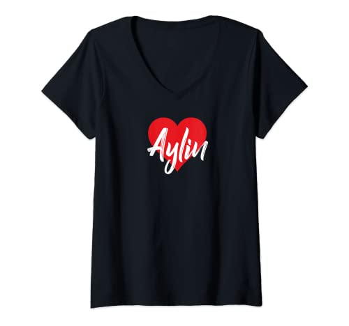 Damen I Love Aylin First Name T-Shirt I Heart Named T-Shirt mit V-Ausschnitt von Cool Named Personalized Heart Tees