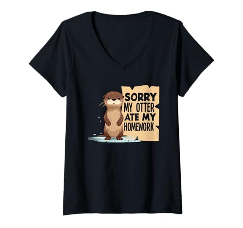 Damen Der Seeotter-Cartoon hat Meine Hausaufgaben gegessen T-Shirt mit V-Ausschnitt von Cool Nature Wildlife Zoo Otter Lovers Graphic Tees