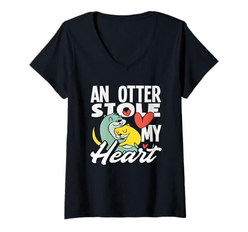 Damen EIN Otter hat Mein Herz gestohlen Seeotter-Cartoon T-Shirt mit V-Ausschnitt von Cool Nature Wildlife Zoo Otter Lovers Graphic Tees