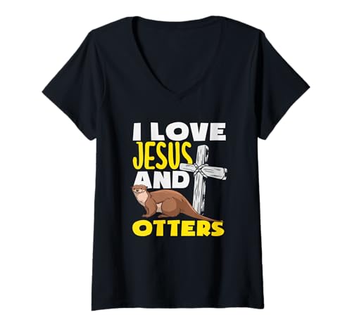 Damen Ich Liebe Jesus Seeotter-Cartoon T-Shirt mit V-Ausschnitt von Cool Nature Wildlife Zoo Otter Lovers Graphic Tees