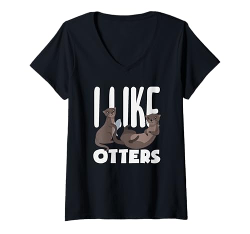 Damen Ich mag Seeotter-Cartoon Tierliebe T-Shirt mit V-Ausschnitt von Cool Nature Wildlife Zoo Otter Lovers Graphic Tees