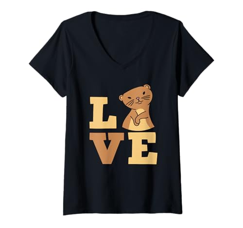 Damen Niedlicher Seeotter Cartoon Liebe T-Shirt mit V-Ausschnitt von Cool Nature Wildlife Zoo Otter Lovers Graphic Tees