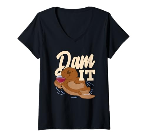 Damen Otter Gang Cartoon Dam It Tierliebhaber T-Shirt mit V-Ausschnitt von Cool Nature Wildlife Zoo Otter Lovers Graphic Tees