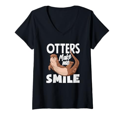 Damen Otters Make Me Smile Seeotter-Zeichentrickfilm T-Shirt mit V-Ausschnitt von Cool Nature Wildlife Zoo Otter Lovers Graphic Tees