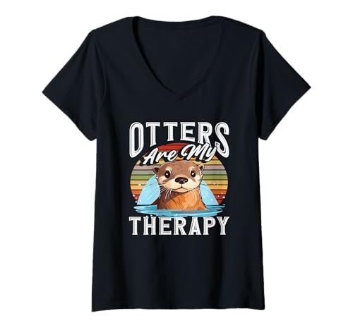 Damen Retro-Cartoon „Otter sind Meine Therapie“ bei Sonnenuntergang T-Shirt mit V-Ausschnitt von Cool Nature Wildlife Zoo Otter Lovers Graphic Tees