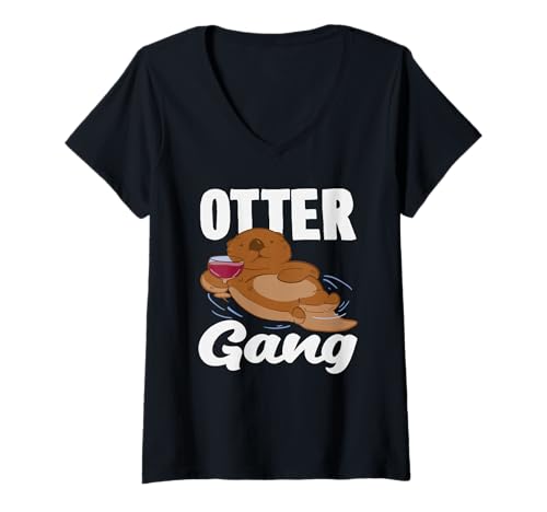 Damen Sea Otter Cartoon Gang Lustig Tier Liebe T-Shirt mit V-Ausschnitt von Cool Nature Wildlife Zoo Otter Lovers Graphic Tees