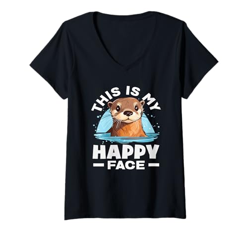 Damen Sea Otter Cartoon Happy Face Lustiger Otter Spruch T-Shirt mit V-Ausschnitt von Cool Nature Wildlife Zoo Otter Lovers Graphic Tees