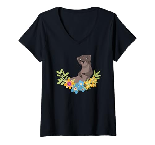 Damen Seeotter-Cartoon-Blume mit Blumenmuster T-Shirt mit V-Ausschnitt von Cool Nature Wildlife Zoo Otter Lovers Graphic Tees