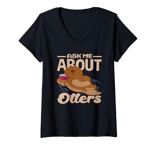 Damen Seeotter-Cartoon Frag Mich nach Ottern T-Shirt mit V-Ausschnitt von Cool Nature Wildlife Zoo Otter Lovers Graphic Tees