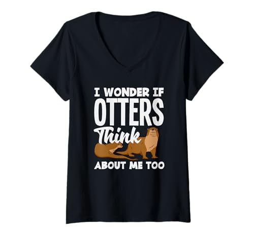 Damen Seeotter-Cartoon-Otter Denken an Mich T-Shirt mit V-Ausschnitt von Cool Nature Wildlife Zoo Otter Lovers Graphic Tees