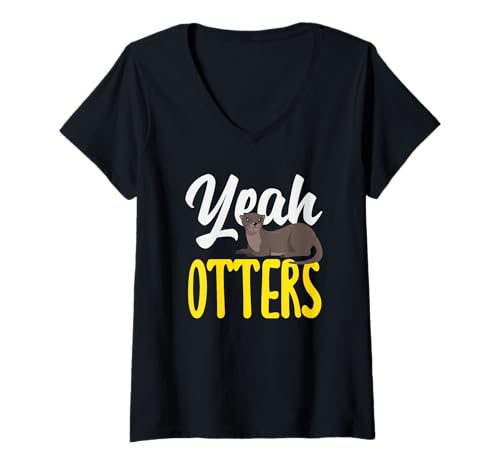 Damen Yeah Sea Otter Cartoon Lustiger Otter Spruch T-Shirt mit V-Ausschnitt von Cool Nature Wildlife Zoo Otter Lovers Graphic Tees
