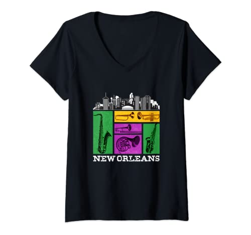 Damen New Orleans, Nola und the Big Easy Men Women and Kids Music T-Shirt mit V-Ausschnitt von Cool New Orleans Gift Ideas for Jazz Music Lovers