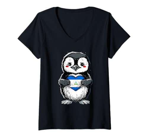 Damen Nicaragua Flagge Niedliches Pinguin-Herz Nicaraguanischer Stolz T-Shirt mit V-Ausschnitt von Cool Nicaraguan Roots Nicaragua