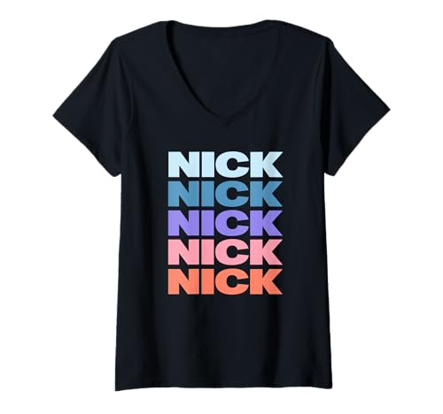 Damen Funny Modern Repeated Text Design Nick T-Shirt mit V-Ausschnitt Damen Funny Modern Repeated Text Design Nick T-Shirt mit V-Ausschnitt von Cool Nick Gift Ideas