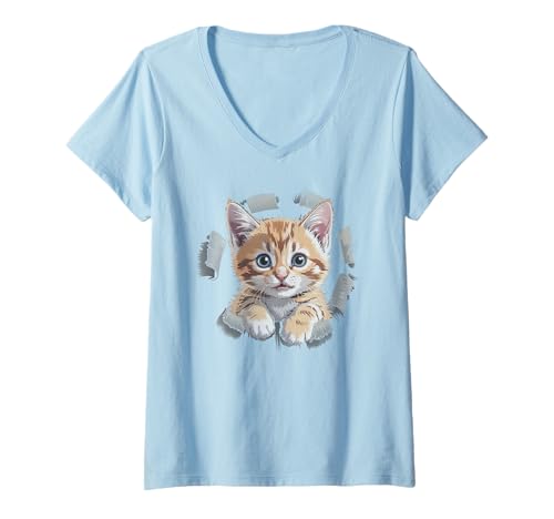 Damen Lustiger orangefarbener getigerter Stoff mit Katze T-Shirt mit V-Ausschnitt Damen Lustiger orangefarbener getigerter Stoff mit Katze T-Shirt mit V-Ausschnitt von Cool Orange Tabby Cat Torn Fabric