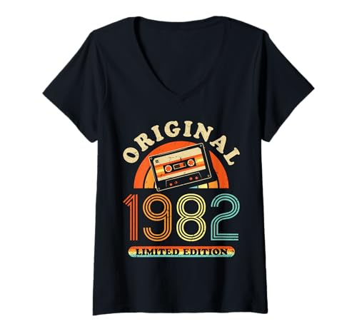 Damen 42.Geburtstag Original Männer Frauen Vintage Jahrgang 1982 T-Shirt mit V-Ausschnitt von Cool Original Jahrgang Geschenke Geburtstag 2024